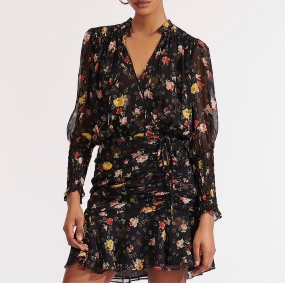 Veronica Beard Black Armeria Floral Print Long Sleeve Silk Dress Size 6 - Picture 1 of 10